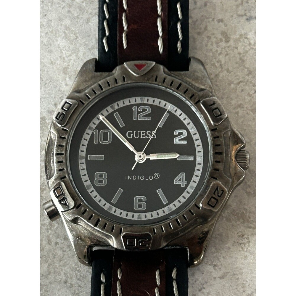 Vintage Guess Indiglo Quartz Watch Unisex Sport Brown Dial Leather New Battery